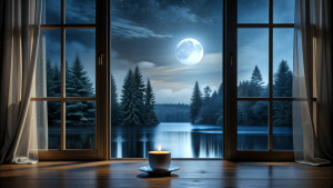 window open curtain, coffee, candle, full moon, still water, forest, dark night, midnight black 