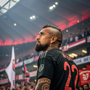 Arturo Vidal, soccer star, intense gaze, modern haircut. Wearing a black jersey with his number. Inside a stadium, surrounded by fans.