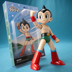 Astro Boy MAFEX action figure. Detailed package illustration with cartoon-like style. Astro Boy stands heroically on a gradient blue background. Package sealed with clear plastic wrap.