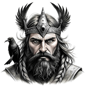 Wikinger mit zwei Gesichtern with yggdrasil – and weapons high-definition design, valhalla, grey and black, realistic tattoo design, white background