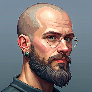 Young-looking Slavic man with an oval-shaped head, high forehead, and completely bald, viewed from the side. He has a dark-blonde gray hair beard and short mustache, small upturned nose, grey-green expressive epicanthus eyes, and medium width lips. He wears modern glasses and a single metallic-colored earring with a blue stone. Rainbow splash background.