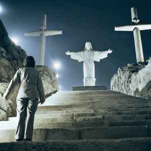A night scene of Cristo Blanco statue in Cusco, Peru. The towering figure stands against a dark sky, crosses visible in the background. Shot from a low angle, the statue dominates the view.