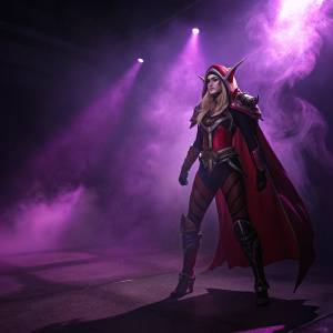 Valeera The Hollow, a character from Hearthstone, standing in a dark room with purple smoke. Wearing dark and red-themed outfit, spotlight illuminates her figure.