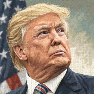 Digital rendering of former U.S. President Donald Trump. Pixelated close-up, emphasizing facial features, expression, and the texture of the artwork.