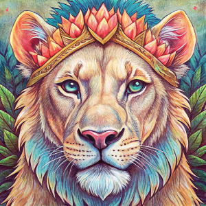 tattoo sketch, lioness in a crown of flowers, fine lines