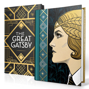 Book cover for 'The Great Gatsby'. Art Deco inspired design. Golden profile of woman's face in intricate details. Left side features black and white photograph of man's face. Text reads 'The Great Gatsby'. Colors black, gold, and blue. Incorporates geometric patterns typical of the Art Deco era.