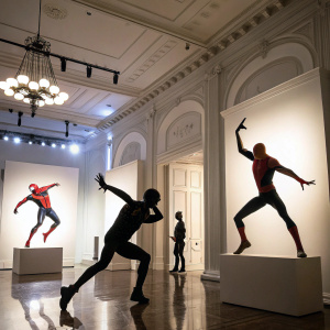 Multiple Spider-Man silhouettes in dynamic poses displayed in a gallery setting.
