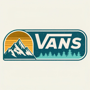 Vans logo featuring a mountain silhouette. Left side displays mountain icon, right side has brand text. Teal and golden hues, warm gradient colors, simple design, outdoorsy feel, crafted look, clear text, brand identity.