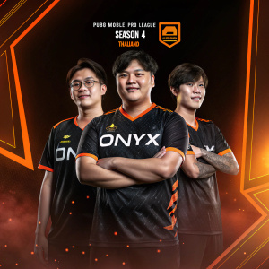 Promotional image for Onyx team, PUBG Mobile Pro League Season 4 Thailand. Dark background with glowing orange accents