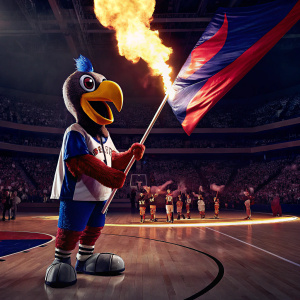 Chuck the Condor, LA Clippers mascot, center court at a packed arena. Waving giant flag surrounded by cheering fans.