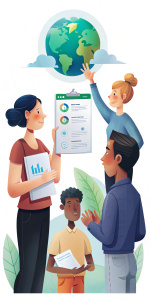 Una persona entregando un informe impreso sobre el estudio de Huella de Carbono a un grupo de personas, mostrando el compromiso con la transparencia y la comunicación efectiva de los resultados del análisis.