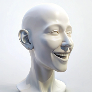 Una cabeza de maniquí, sin pelo, con una sonrisa gigante de oreja a oreja 