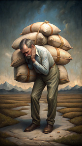 a man hunched over by heavy sacks is very very sad