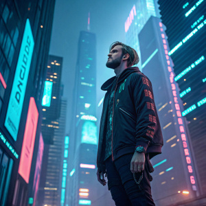 Felix Kjellberg, aka PewDiePie, digital character in a futuristic cityscape. Neon lights, high-tech buildings