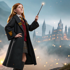 Promotional image of Ginny Weasley action figure from Harry Potter series. She's dressed in classic Hogwarts attire, holding a wand. Background is a hazy, magical castle scene.