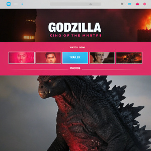 Website for 'Godzilla: King of the Monsters'. Majestic Godzilla looms large. Background is dark gray. The webpage features a sleek modern design with blue and gray tones. Title 'Godzilla: King of the Monsters' is prominently displayed. Below are buttons labeled 'Watch Now', 'Trailer', and 'Photos'. The layout is visually appealing and user-friendly.