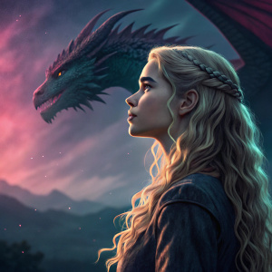 Close-up fantasy scene of a young woman with long wavy blonde hair