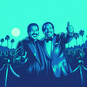 John Travolta and Stacy Keach, grinning and giving a thumbs up at the Hollywood Walk of Fame ceremony.