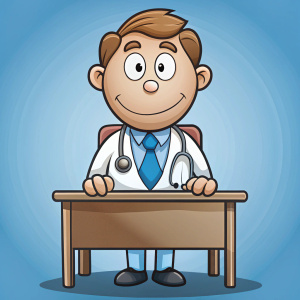 draw a drawn cartoon
of an ocd character wearing a stethoscope. make it have a clean desk. more obsessed