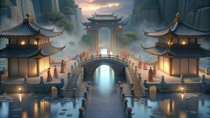 In the large courtyard with small bridges and flowing water in ancient China, the performance of the Chinese traditional orchestra and the dance of the dancers form a beautiful scene like heaven.