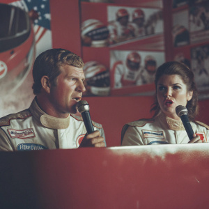 Clint Bowyer and Danica Patrick, dressed in racing gear, engage in intense discussion at a NASCAR press conference. Behind them, a vibrant backdrop filled with team logos and sponsors.