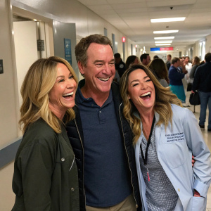 Heather Locklear, John C. McGinley, and Christa Miller laughing together in a bustling hospital corridor.