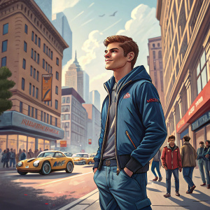 Max Verstappen, racing driver, in blue casual attire. Standing outdoors in a bustling city street.