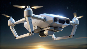 Modern white Small Mini military tactical drone flying in the night sky