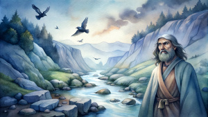 In the Bible, in ancient times, Elijah the Tishbite was by the brook Cherith on the east side of the Jordan River. There are three crows in the sky with food in their mouths