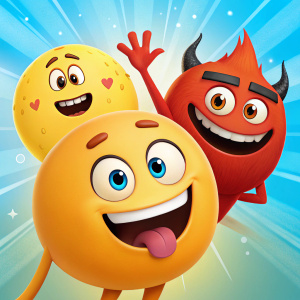 Main characters from 'The Emoji Movie': a cheerful yellow emoji with tongue out, an orange hand emoji, and a fiery red devil emoji. Set against a bright, colorful background