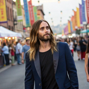 Caucasian actor Jared Leto, with long hair and beard, wearing a navy blue blazer over a black t-shirt. He is posing in the center of a busy street festival, surrounded by colorful banners and a crowd of people.