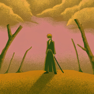 Ichigo Kurosaki, his face alight with unwavering determination. Standing alone on a desolate battlefield.