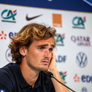 Antoine Griezmann, looking uneasy, at a press conference. Dark shirt, messy hair. Background filled with company logos
