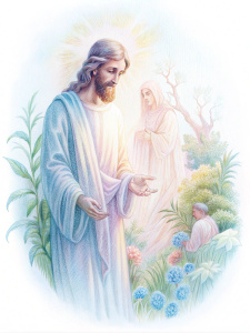 A powerful and serene image of Jesus Christ, with a radiant aura, healing a person's body, soul, and spirit. He eliminates all negative energy, and the person is shown with a relieved and grateful expression. The background is a peaceful garden with a gentle breeze, and a sense of divine presence permeates the scene.