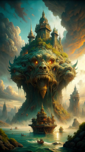a gigantic island turned into a colossal beast with many pirates around