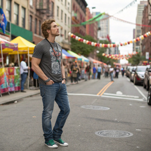 Eugenio Siller, in casual jeans and a graphic tee, at a bustling city street festival. Distracted by a passing parade