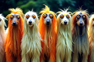 Stylized hairy feral dogs with elongated bodies and large, expressive eyes, standing in a row. Each of them has a different color and size.
They are artistically represented, with long, thin bodies, and large, round eyes.
One is tall yellow that stands out in the center.
Another smaller orange-red on the right.
Their eyes are disproportionately large compared to their bodies, giving them a cartoonish appearance.
The background is darkand features raindrops falling vertically