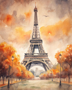 Vintage Watercolor Paris Torre Eiffel Orange Trees