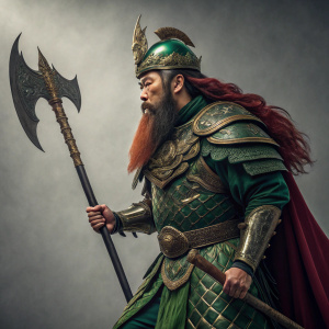 Digital artwork of Guan Yu, Chinese warrior. He stands heroically, adorned in intricate green and gold armor, with a flowing beard and green headdress. Focused expression. Holding a large halberd. Neutral gray backdrop.