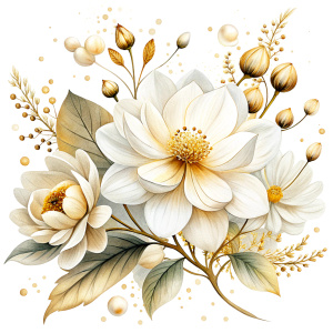 white and gold flowers on a pure white background.