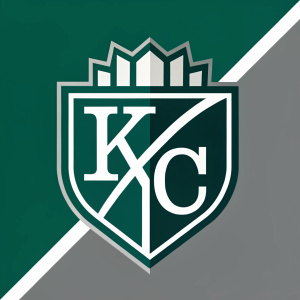 Modern graphic of Kansas City Athletics logo. Dark green and light grey colors. K-shaped emblem.