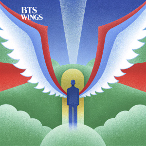 Promotional poster for BTS new album 'Wings'. Dynamic image of a figure with wing-like extensions against vibrant, contrasting colors.