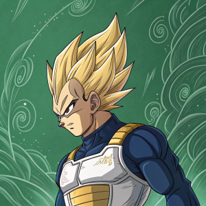 Vegeta, the Saiyan prince, intense look. Green backdrop, detailed drawing of Vegeta with intricate swirling background