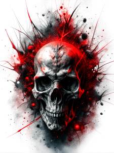abstract expression black and red ink splatter line drawing Overlay of human skull Arrange the composition on a white background, not overflowing the frame.