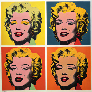 A collection of Marilyn Monroe portraits rendered in pop art style. Bold colors like bright yellow, orange, and deep dark tones create a striking visual impact. Each portrait is part of a grid-like pattern, giving a cohesive yet dynamic appearance.