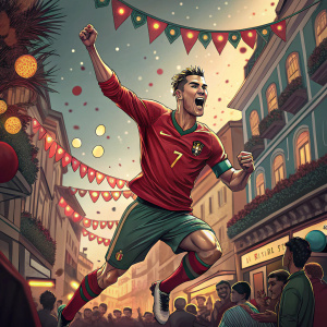 Cristiano Ronaldo, captured mid-jump in a celebration pose. The background is a vibrant street festival in Lisbon, Portugal.