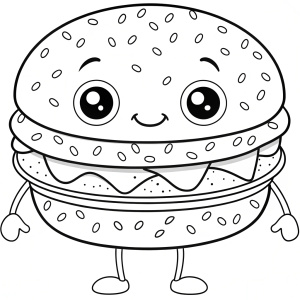 Black and white outline art for cute children’s coloring book pages.Happy bagel sandwich, all white, children’s style, white background, whole body, sketch style, full body, only outlines used, cartoon style, lines, coloring book, clean lines, no background, no shading. White, Sketch style.