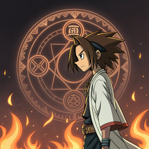 Illustration of Yoh Asakura, the protagonist from Shaman King. Dark background with swirling flames and spiritual symbols.