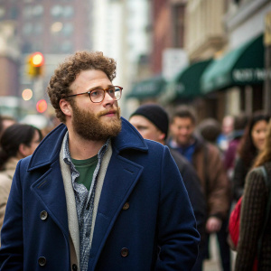 Candid shot of Seth Rogen. Beard and curly hair. Dark blue coat and layered shirt. Crowded street with blurred people and buildings. High-resolution, authentic feel.
