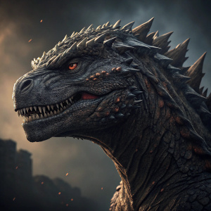 Close-up, detailed depiction of Godzilla's face. Mosaic of angles showcasing rugged, scaly skin and sharp, jagged features. Dark, moody background.